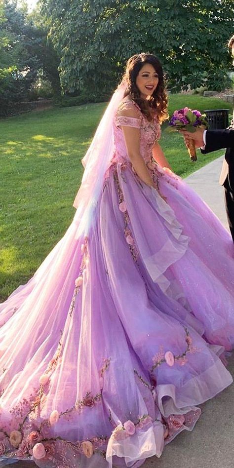 30 Disney Wedding Dresses For Fairy Tale Inspiration ❤  disney wedding dresses purple off the shoulder floral mollynguyen_design #weddingforward #wedding #bride Princess Aestethic, Fairy Quince, Light Purple Wedding Dress, Purple Wedding Gown, Rapunzel Wedding Dress, Disney Princess Inspired Dresses, Purple Princess Dress, Poofy Dresses, Rapunzel Wedding