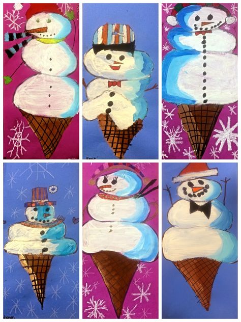 Snowman Scoops Ice Cream Cone Exploring Art: Elementary Art Art Projects For Elementary Students, Projects For Elementary Students, Art Projects For Elementary, Art Elementary, January Art, Snowman Art, Winter Art Lesson, Christmas Art Projects, 2nd Grade Art