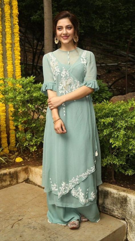 Beautiful Angrakha style Crepe-georgette Layered Kurti with brilliant embroidery embellishment. Green Kurti, Layered Kurta, Angrakha Style, Nikkah Dress, Salwar Kamiz, Dress Neck Designs, Dress Design Patterns, Kurta Designs Women, Designer Party Wear Dresses