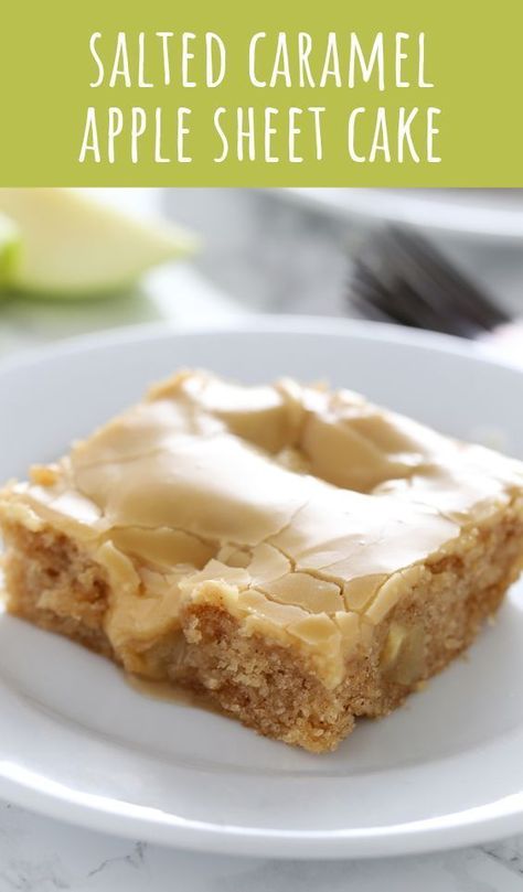 Salted Caramel Apple Sheet Cake features an ultra tender, slightly spongey cinnamon apple cake with a thick and shiny salted caramel glaze. Perfect for serving a crowd during the holidays! #saltedcaramel #apple #caramel #cake #sheetcake Caramel Apple Sheet Cake, Apple Sheet Cake Recipe, Apple Sheet Cake, Salted Caramel Frosting, Handle The Heat, Cake Frosting Recipe, Caramel Frosting, Torte Cupcake, Sheet Cake Recipes