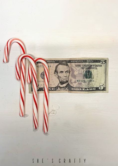 Creative way to give money for Christmas -money wrapped candy canes Ideas To Give Cash For Christmas, Christmas Candy Wrapping Ideas, Teacher Money Gift Ideas, Money Folding Ideas Christmas, Clever Ways To Give Money For Christmas, How To Wrap Money For Christmas, Creative Ways To Give Money For Christmas, How To Give Money For Christmas, How To Gift Money For Christmas