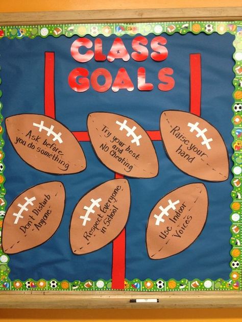 Football Bulletin Boards, Sports Bulletin Boards, Class Goals, Pe Bulletin Boards, Sports Classroom, Sports Theme Classroom, Goals Football, Team Theme, Don't Disturb