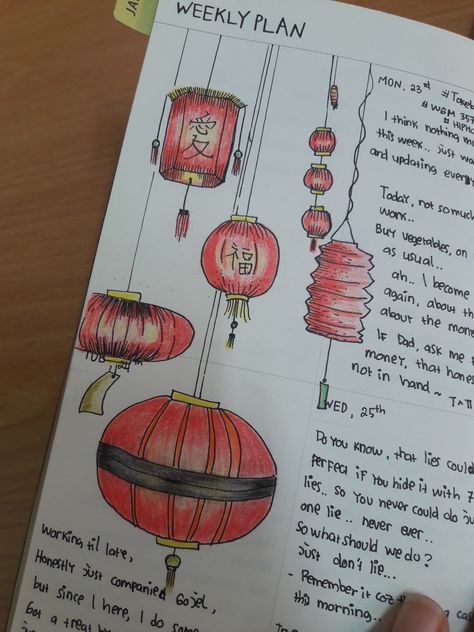 How To Draw Chinese Lanterns, Chinese Journal Ideas, Chinese New Year Journal Ideas, Chinese New Year Drawing Ideas, Chinese Doodles Drawing, Lunar New Year Watercolor, Lunar New Year Drawing, Chinese New Year Drawing, Chinese Lantern Drawing