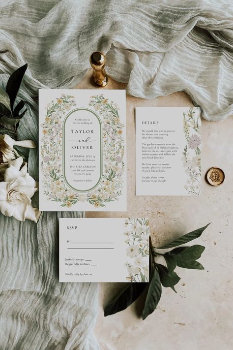 Wildflower Invitation, Wildflower Wedding Invitations, Green Invitations, Spring Wedding Invitations, Invitation Floral, Flower Wedding Invitation, Floral Wedding Invitation, Wildflower Wedding, Vintage Wedding Invitations