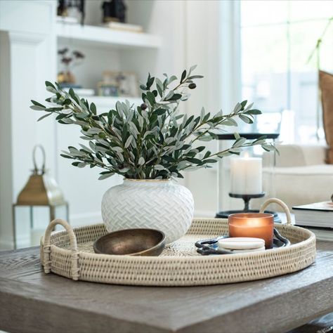 Round Basket Decor, Round Woven Tray, Round Tray Decor, Basket Tray, Round Basket, Round Tray, Decorating Coffee Tables, Williams Sonoma, Basket Decoration