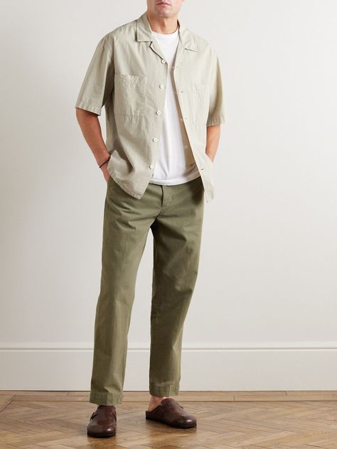 Barena - Solana Camp-Collar Cotton Shirt- #Barena #CampCollar #Cotton #Shirt #Solana Check more at https://howcandothis.com/manstyle/barena-solana-camp-collar-cotton-shirt/ Mens Fashion Short Sleeve Button Up, Mens Fashion Business Casual Summer, Navy Olive Outfit, Tank With Button Up Shirt, Summer Work Outfit Men, How To Style Green Linen Pants, Chino Mens Outfit, Men’s Simple Style, Men’s Summer Work Outfits 2024