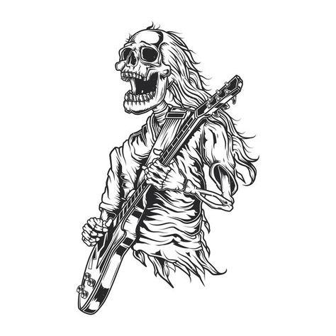 Man Playing Guitar Drawing, Playing Guitar Drawing, Music Guitar Tattoo, Music Related Tattoos, Drawing Guitar, Skeleton Playing Guitar, Man Playing Guitar, Drawing Tattoo Ideas, Skull Guitar