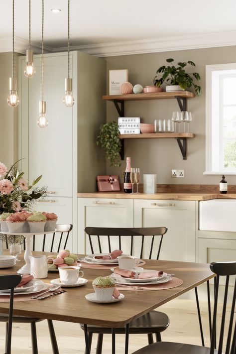 Pale Green And Wood Kitchen, Modern Kitchen Sage Green, Kitchens Sage Green, Home Decor Ideas Sage Green, Pink Green And White Kitchen, Pink Green Kitchen Ideas, Sage Kitchen Ideas Color Palettes, Light Pink And Green Kitchen, Blush And Sage Kitchen