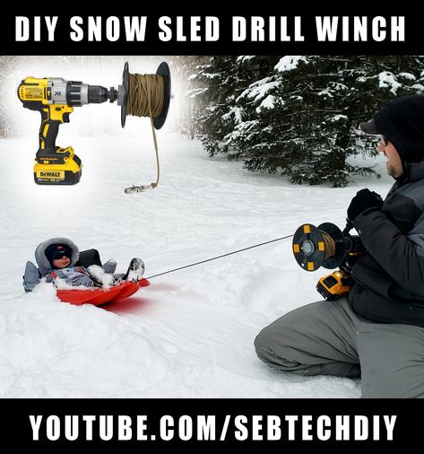 DIY snow sled drill winch hack. Winter fun activities. Sledding winch, ski lift style. Hook the sled, then winch it up on the top of the hill. How to make it, watch my youtube video. Winter Fun Activities, Snow Sleds, Sledding Hill, Custom Lighters, Diy Snow, Snow Sled, Tech Diy, Athletic Clubs, Cool Gadgets To Buy