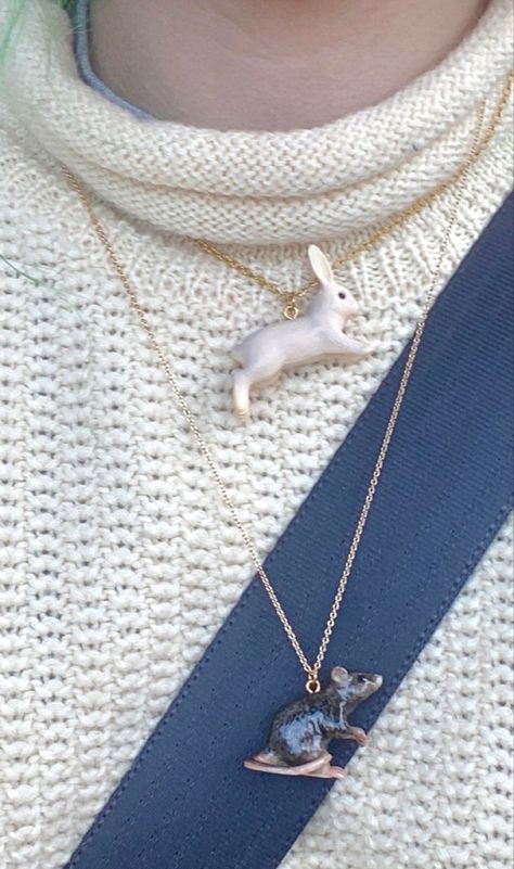 cute rabbit and rat necklaces <3 jewelry aesthetic , rabits , bunnies , necklace aesthetic , rabbit necklace , rat necklace Rat Necklace, Aesthetic Rabbit, Rat Jewellery, Rabbit Necklace, Necklace Aesthetic, Bunny Necklace, Jewelry Aesthetic, Sand Casting, Ceramics Pottery Art