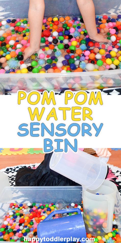 The most fun sensory bin ever and it is super easy to setup! Pom poms & water! Add a few fine and gross motor tools and you have an activity that will entertain for days! Water Sensory Bin, Sensory Tubs, Sensory Activities Toddlers, Toddler Sensory, Gross Motor Activities, Sensory Boxes, Sensory Table, Daycare Activities, Kids Sensory