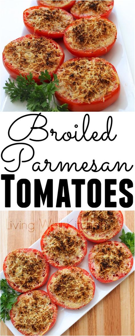 Broiled Parmesan Tomatoes are a super simple summer side dish that only needs five ingredients and takes less than 15 minutes start to finish Broiled Tomatoes, Low Calorie Sides, Parmesan Tomatoes, Tomato Side Dishes, Veggie Side Dish Recipes, Summer Side Dish, Homemade Sauce Recipes, Healthy Low Calorie Meals, Clean And Delicious