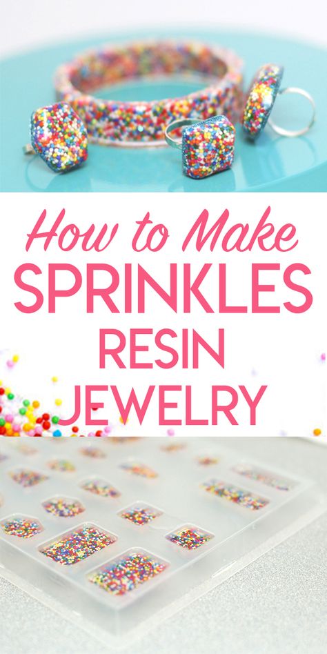 Tutorial for making sprinkles rings, necklaces, and bracelets using real sprinkles and epoxy resin. Making Sprinkles, Resin Jewelry Tutorial, Diy Resin Earrings, Resin Jewlery, How To Make Resin, Resin Crafts Tutorial, Diy Ring, Diy Resin Projects, Resin Jewelry Diy