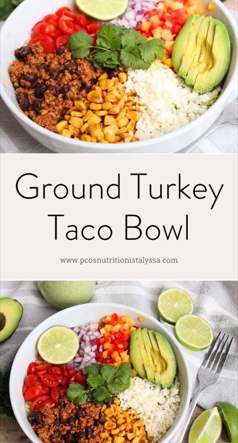 This ground turkey taco bowl is a healthy and easy option perfect for meal prep. Featuring ground turkey taco salad, this Mexican bowl recipe includes black beans, corn, and cheese. It’s a delicious ground turkey dinner that’s high protein and ideal for a weeknight dinner. Enjoy this healthy taco salad any time! Ground Turkey Taco Bowl, Easy Healthy Taco Salad, Ground Turkey Dinner, Mexican Bowl Recipe, Turkey Taco Bowl, Ground Turkey Taco Salad, Healthy Taco Salad, Turkey Tacos Recipes, Mexican Bowl