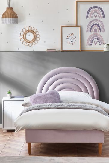 Opulent Velvet Blush Pink Rainbow Kids Upholstered Bed Frame Purple Upholstered Bed, Room For 10 Year Girl, Rainbow Bedroom Decor, Purple Kids Room, Lilac Bedroom, Cushioned Headboard, Rainbow Bedroom, Purple Bedding, Kids Rainbow