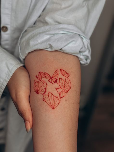 red tattoo 
fine line tattoo 
heart tattoo
butterfly tattoo Anatomical Heart Tattoo Wrist, Heart In Hands Tattoo, Heart Leaf Tattoo, Creative Heart Tattoo, Protect Your Heart Tattoo, Heart Line Tattoo, Heart On Sleeve Tattoo, Heart Butterfly Tattoo, Butterfly Heart Tattoo