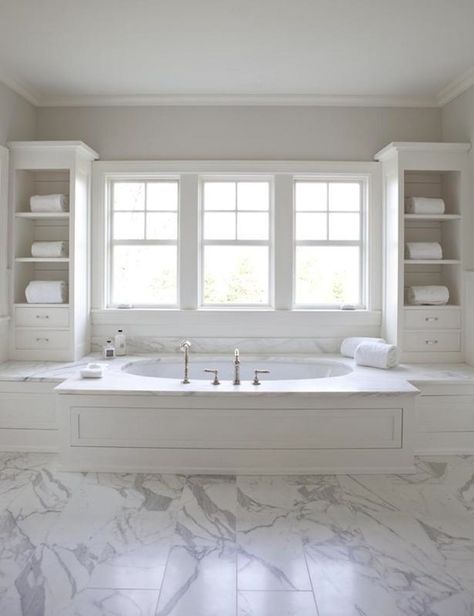 Milton Development: Master bathroom with wood paneled drop-tub flanked by cabinets, gray paint color and ... Drop In Tub Ideas, Marble Bathroom Floor, Drop In Tub, Tub Ideas, Bad Inspiration, Marble Flooring, Master Bath Remodel, Bathroom Tub, Dream Bathrooms