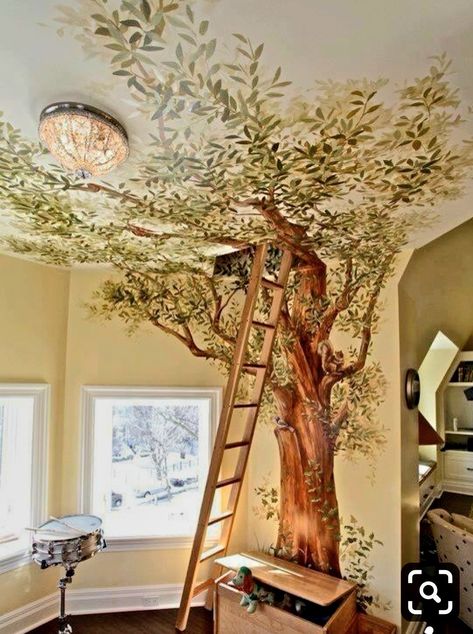 Fairy Garden Ideas Enchanted Forest, Casa Hobbit, Inside A House, Garden Mural, Tree Wall Murals, Tree Mural, Tree House Designs, Fa Fal, Attic Renovation