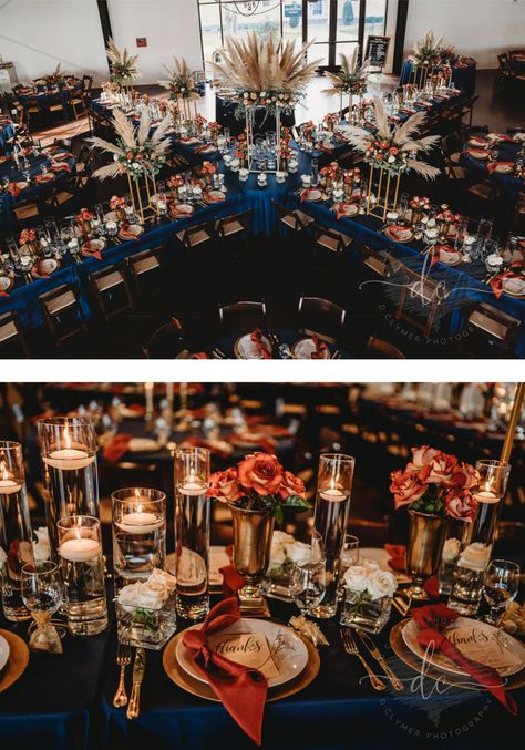 Navy And Terracotta Wedding Table, Rust And Blue Table Setting, Terracotta And Navy Centerpieces, Terracotta And Navy Table Setting, Navy And Copper Table Setting, Wedding Plate Setting, Plate Sets