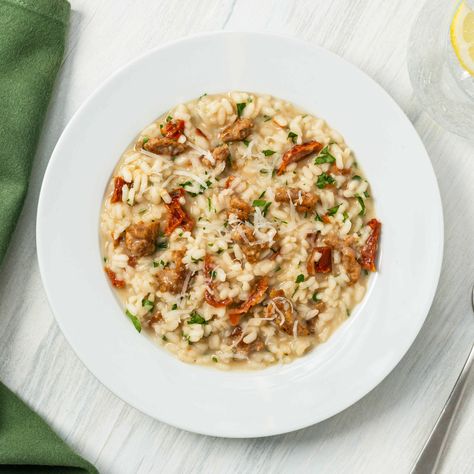 RiceSelect® | Sun-Dried Tomato & Italian Sausage Risotto | RiceSelect® Italian Sausage Risotto, Tomato Risotto Recipes, Sausage Risotto, Sausage Parmesan, Sausage Rice, Tomato Risotto, Risotto Recipe, Arborio Rice, Risotto Recipes