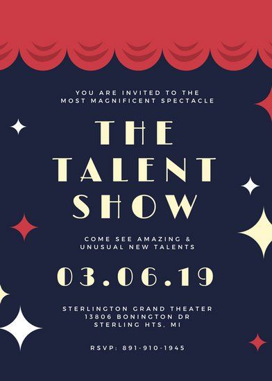 Navy Red Curtains Talent Show Invitation Portait Talent Show Poster, Oscar Party Decorations, Family Reunion Activities, Landscape Design Software, Jewelry Logo Design, Film Poster Design, Club Poster, Online Logo Design, Event Poster Design