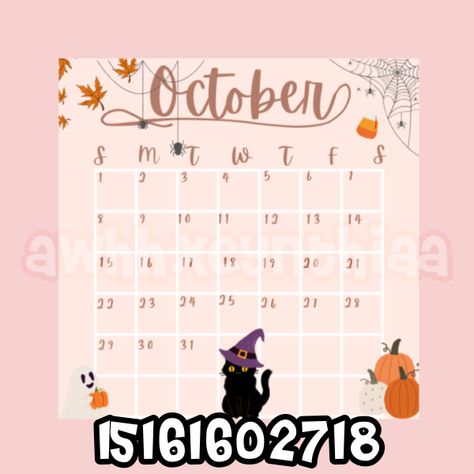 made by me (tiktok: awhhxcynthiaa) reupload WITH credit code: 15161601718 decal szie: 600x600 ones for november and december are also on my page October Calendar Bloxburg Codes, Bloxburg Decals Codes For School, Bloxburg Calender Decal Code, Calendar Codes Bloxburg, Bloxburg October Calender Code, School Roblox Decals, Fall Berry Avenue Codes Pictures, Roblox Calender Decals, Berry Avenue Halloween Picture Codes