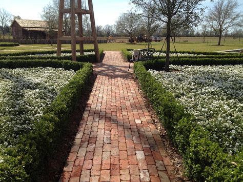 Reclaimed brick walkway in running-bond pattern