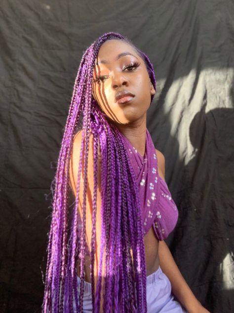 Purple Braids For Black Women, 4 Big Braids, Braids For Teens, Black Girls Hairstyles Braids, Coloured Braids, Purple Box Braids, Girl With Purple Hair, Colored Box Braids, Purple Braids