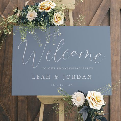 Elegant Dusty Blue Script Engagement Party Welcome Foam Board Sage Green Engagement Party, Engagement Party Table, Engagement Party Welcome Sign, Green Calligraphy, Fall Engagement Parties, White Engagement Party, Backyard Engagement Parties, Gold Engagement Party, Engagement Party Themes