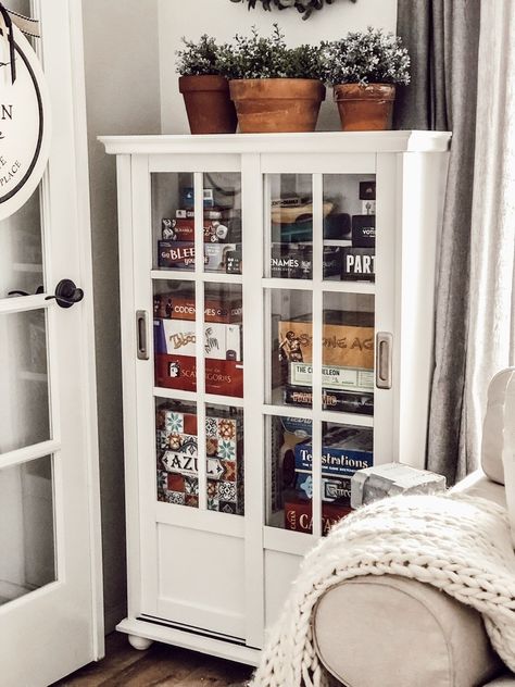 Organizing Board Games with Small Storage Cabinets - Farmhouse cottage style family living room organization ideas - Rain and Pine Family Room Storage, Board Game Room, Small Storage Cabinet, Board Game Storage, Game Storage, Living Room Organization, Style Cottage, Farmhouse Furniture, Storage Hacks