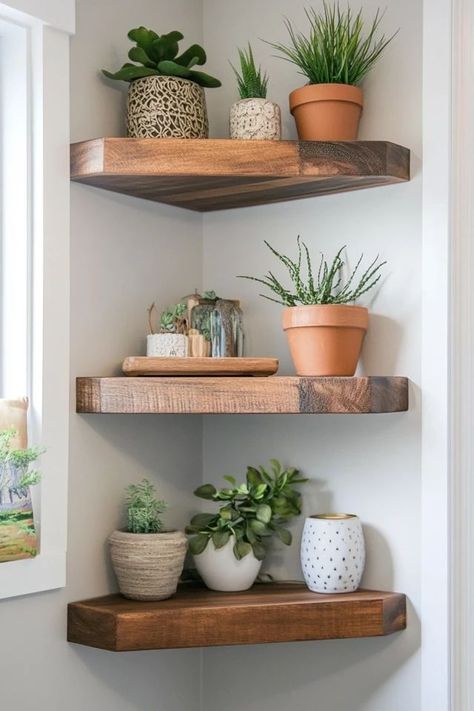 "Maximize your space with DIY floating corner shelves! Perfect for small rooms or awkward corners. 🛠️✨ #DIYHomeDecor #CornerShelves #SpaceSaving" Diy Floating Corner Shelves, Wall Corner Shelves, Corner Shelves Kitchen, French Cottage Decor, Floating Corner Shelves, Wall Corner, Shelves Kitchen, Tv Unit Design, Estantes Flotantes