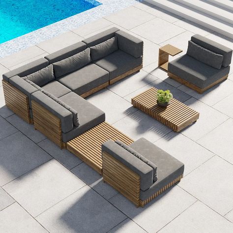 9 Pieces Teak Modular Outdoor Patio Sectional Sofa Set with Coffee Table and Cushion Restoration Hardware Outdoor Furniture, Restoration Hardware Outdoor, Outdoor Patio Sectional, Modern Outdoor Patio, Large Backyard, Patio Sectional, Conversation Set Patio, Architectural Features, Outdoor Oasis