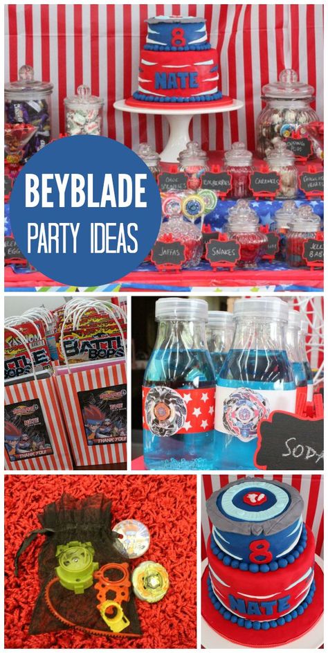 A Beyblade tournament for a boy birthday party with a fun cake and party favors!  See more party ideas at CatchMyParty.com! Beyblade Party Favors, Bey Blades Birthday Party Ideas, Bayblade Party Ideas, Beyblade Party Ideas, Beyblade Tournament, Beyblade Birthday Party, Beyblade Birthday, 18th Birthday Party Themes, Cake Favors