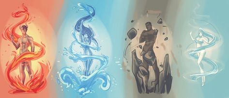 Elemental spirits by Rigrena on DeviantArt Elemental Spirits, Elemental Magic, Super Powers Art, Elemental Powers, Avatar The Last Airbender Art, Elements Of Nature, Wedding Tattoos, Poses References, Magic Art