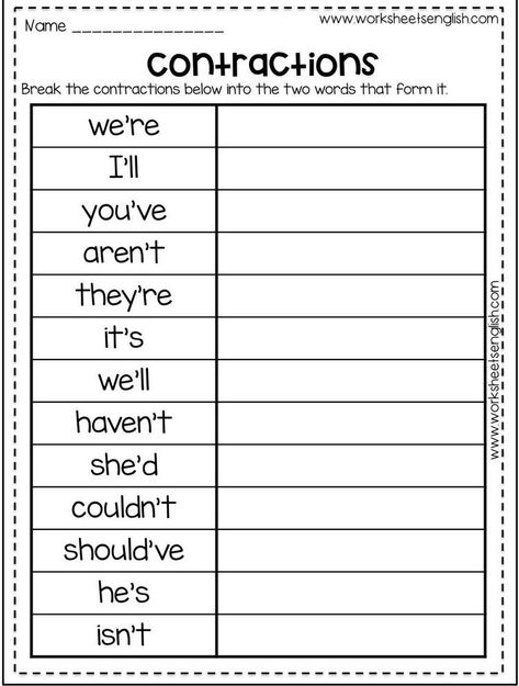 Second Grade English Worksheets, Second Grade Grammar, Contractions Worksheet, Vocabulary Words Activities, Worksheet 3rd Grade, Elementary Grammar, Third Grade Worksheets, 2nd Grade Grammar, English Teaching Resources