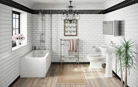 Black tile bathroom skirting with wooden floorboards Bathroom Skirting, Black Tile Bathroom, Victorian Bathroom Tiles, Modern Victorian Bathroom, Metro Tiles Bathroom, White Metro Tiles, Skirting Ideas, Victorian Style Bathroom, Metro Tiles