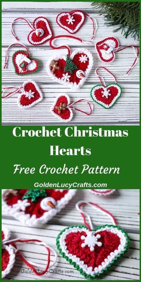 Learn how to crochet these beautiful Christmas heart ornaments! You can use them for your Christmas Tree, you can decorate a gift package, or, embellish your home. Make some as a small present for your child’s teachers, your coworkers, and your friends. Free crochet pattern, holiday crochet, DIY ornament, #christmascrochet, #christmasornaments Diy Gifts For Christmas, Hearts Crochet, Xmas Crochet, Crochet Christmas Ornaments Free, Crochet Ornament Patterns, Crocheted Christmas, Heart Christmas Ornaments, Crochet Holiday, Crochet Hearts