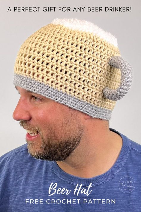 Funny Hat Crochet Pattern Free, Crochet Beer Hat, Funny Crochet Hat Patterns Free, Crochet Funny Hats, Funny Crochet Hats, Funny Crochet Hat, Funny Crochet Patterns, Crochet Funny Hat, Crochet Hat For Men