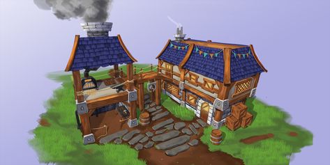 ArtStation - Fantasy Blacksmith - Concept Blue Roof, Bg Design, Cartoon House, Medieval Houses, Building Concept, Isometric Art, Fantasy House, Game Concept Art, Game Concept