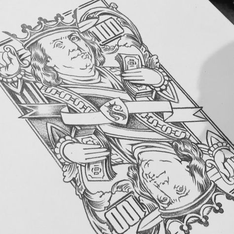 The final comp of the new “Cash Is King” design. The previous 5 posts showed the start of an idea turned into sketch; somewhat simple and… Cash Is King Tattoo, Cash Tattoo Money, Money Tattoo Ideas For Men, Cash Is King, Chicano Tattoos Sleeve, Card Tattoo Designs, Aztec Tattoo Designs, Realistic Tattoo Sleeve, Gangsta Tattoos