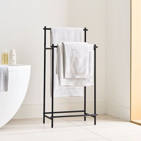 Linen Cabinets | Bathroom Floor Cabinets | West Elm Modern Overhang, Modern Towel Rack, Freestanding Towel Rack, Standing Towel Rack, Bathroom Floor Cabinets, Metal Wall Shelves, Linen Cabinets, Stone Bath, Spa Towels