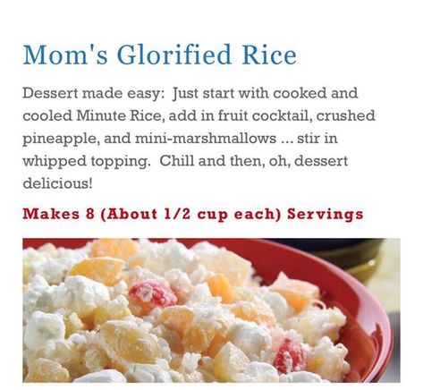 Glorified Rice, Fruit Cocktail Salad, Dessert Salad Recipes, Fruit Salad With Marshmallows, Easy Fruit Salad Recipes, Dessert Hacks, Rice Desserts, Fluff Recipe, Minute Rice