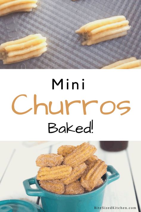 Baked mini churros in the oven! Baked Churro Donut Recipes, Small Batch Churros, Churros Recipe Oven Baked, Oven Baked Churros, Easy Oven Desserts, Oven Baked Churros Recipes, Baked Churros Recipe Easy, Diy Easy Bake Oven Recipes, Mini Churros Recipe