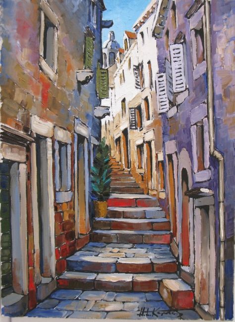 Croatia Drawing, Croatia Painting, Croatia Art, Korcula Croatia, Watercolor Cityscape, City Houses, Sea Drawing, Landscape Painting Tutorial, Watercolor City