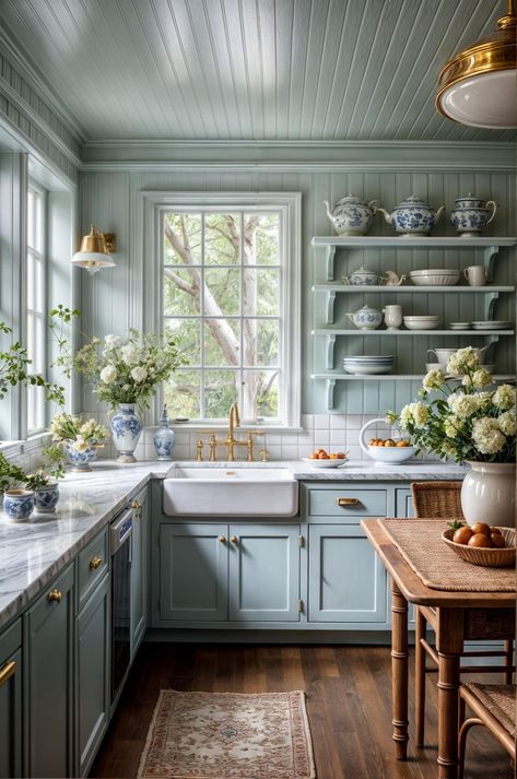 Nantucket Style Kitchen, Mint Green Room, Green Room Design, Tiny Cottage Kitchen, Blue Green Kitchen, English Cottage Kitchens, Pantry Door Ideas, Cottage House Interior, Blue Kitchen Walls