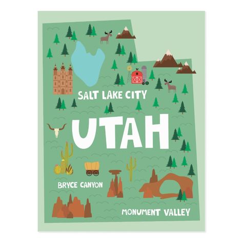 USA by JunkyDotCom - Modern illustrated map from Utah state in the USA. Any design wishes? Just contact me and I will make it for you without extra costs. Gender: unisex. Age Group: adult. Utah Map, Map Invitation, Utah State Parks, Illustration Postcard, Map Tote Bag, St George Utah, Utah State, Elementary Art Projects, City Illustration