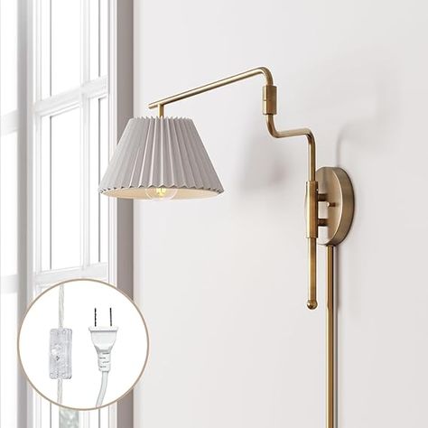 Nathan James Kai Modern Wall Mounted Plugin Bedside Reading Lamp with Pleated Shade, Vintaged Brass Finish - Amazon.com Bedside Reading Lamps, Nathan James, Plug In Wall Lights, Metal Swings, Indoor Wall Sconces, Wall Mounted Lamps, Sconces Bedroom, Brass Wall Light, Overhead Lighting