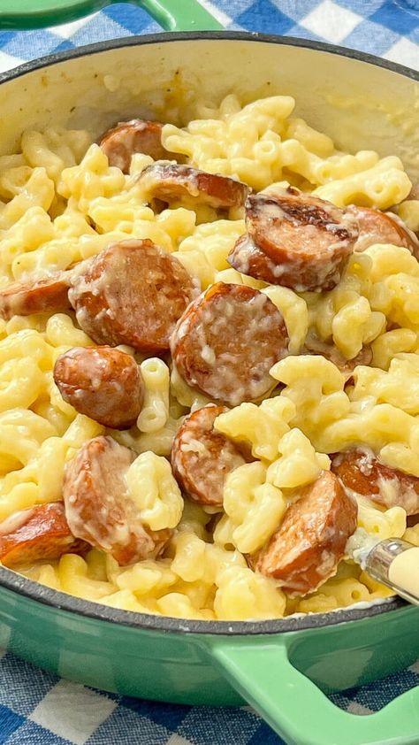 Kielbasa mac and cheese, Creamy, cheesy, and packed with bold flavors, macaroni and cheese and smoky, savory kielbasa sausage. Kielbasa Mac And Cheese, Mac And Cheese Creamy, Kielbasa Pasta, Boxed Mac And Cheese, Kielbasa Recipes, Creamy Pasta Recipes, Kielbasa Sausage, Savory Dinner, Dinner On A Budget