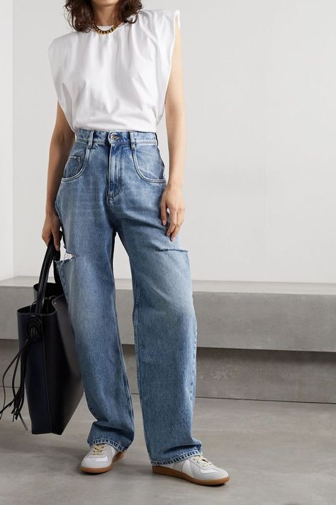 Maison Margiela Cutout Distressed High-Rise Wide-Leg Jeans Margiela Jeans, High Waisted Pants Outfit, Rich Clothes, Slim Bodysuit, High Rise Wide Leg Jeans, London Outfit, Rib Knit Cardigan, Spring Fashion Trends, Wide Legs