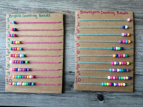 Counting Beads / Abacus / Preschool Counting Craft /  We made these today. Something so simple, but it kept us busy for a good hour. Stringing beads on yarn is hard! We figured out that dipping the ends in wax helped the girls with the yarn unraveling. Activities With Beads Preschool, Counting Craft, Diy Gifts Videos, Kids Play Furniture, Stringing Beads, Preschool Counting, Book Handmade, Prek Math, Maker Space